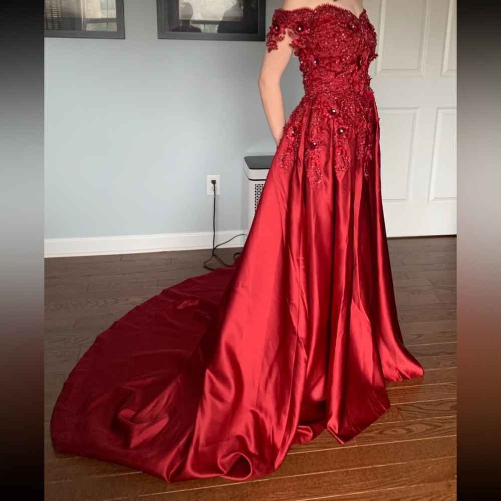Stacees Appliquéd Off the Shoulder Satin Princess Prom Dress with Beads
